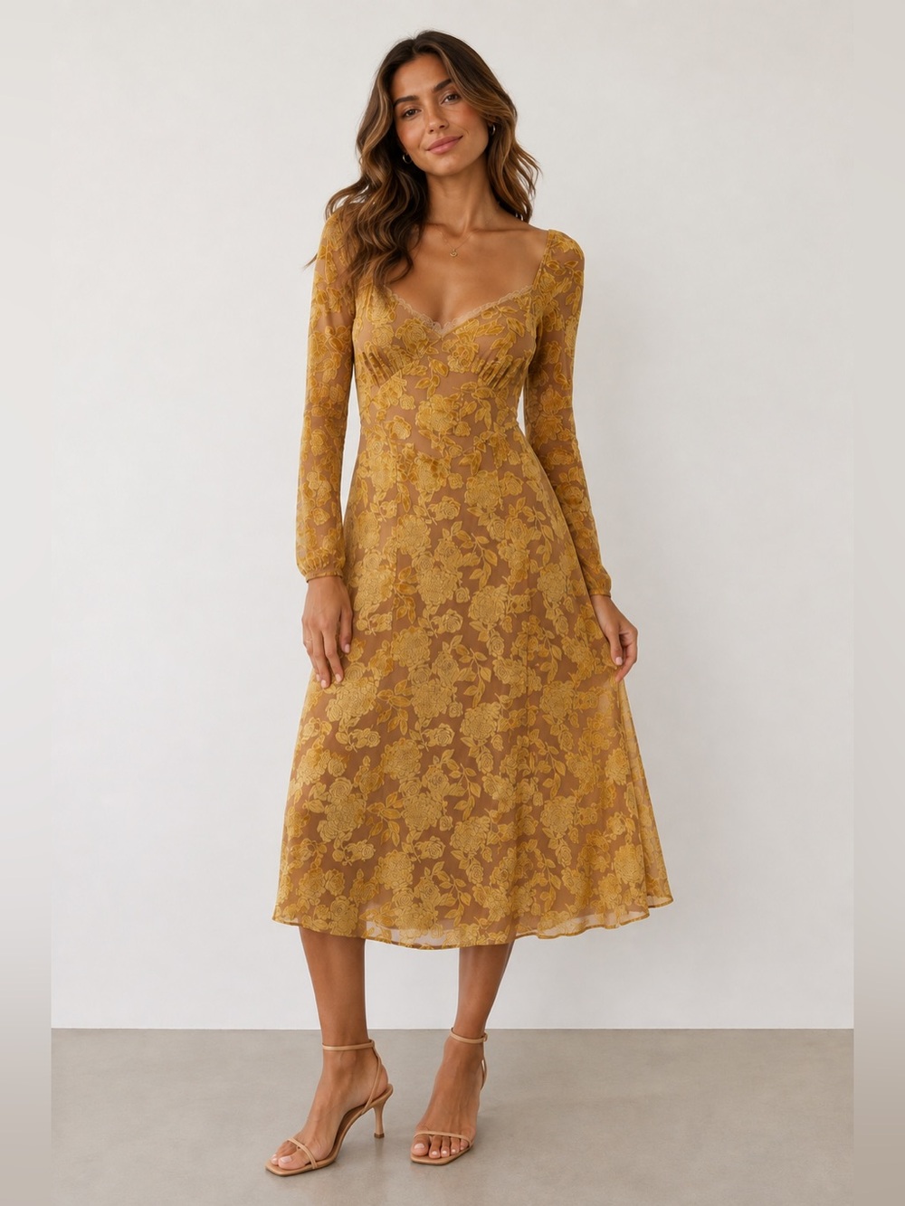 RIHOAS NWT Mustard/Gold Lace detail Floral Velvet Overlay Mesh Midi Dress Size M